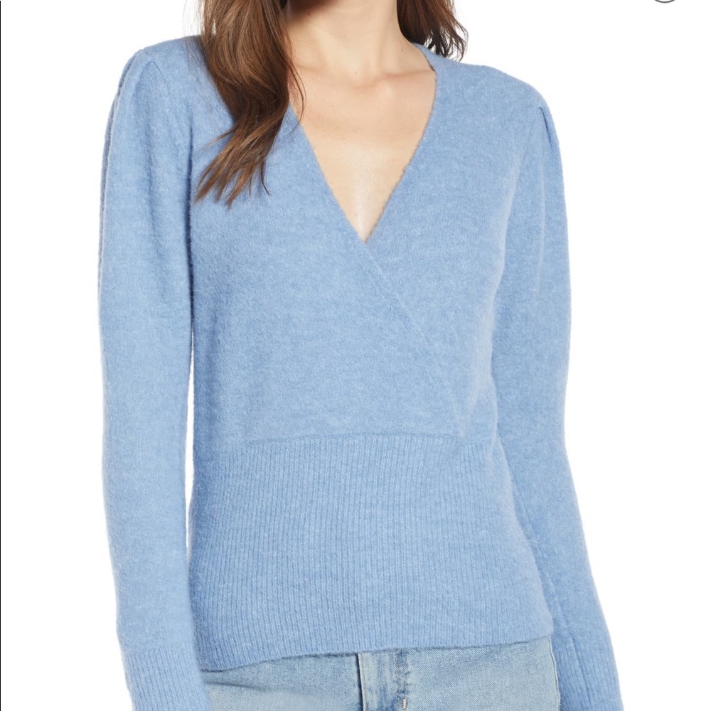 SOMETHING NAVY Blue Faux Wrap Alpaca Sweater Small